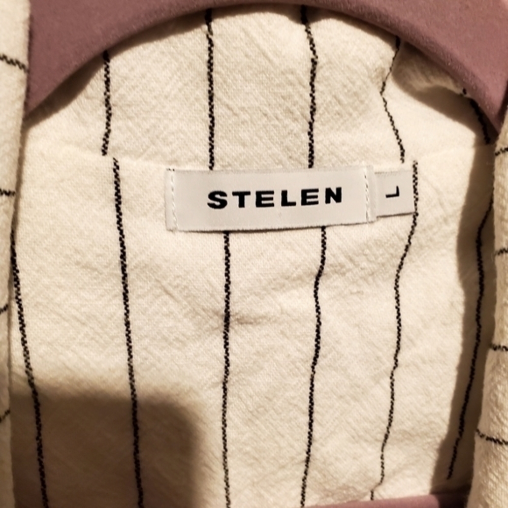 Stelen White Cotton Linen Open Blazer Jacket Roll Tab Sleeves Pinstripe Large - Picture 9 of 9